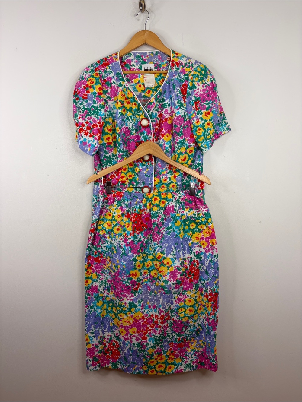 Vintage Jacket Skirt Womens Large Pink Yellow Floral Cotton Short Sleeve A Line
